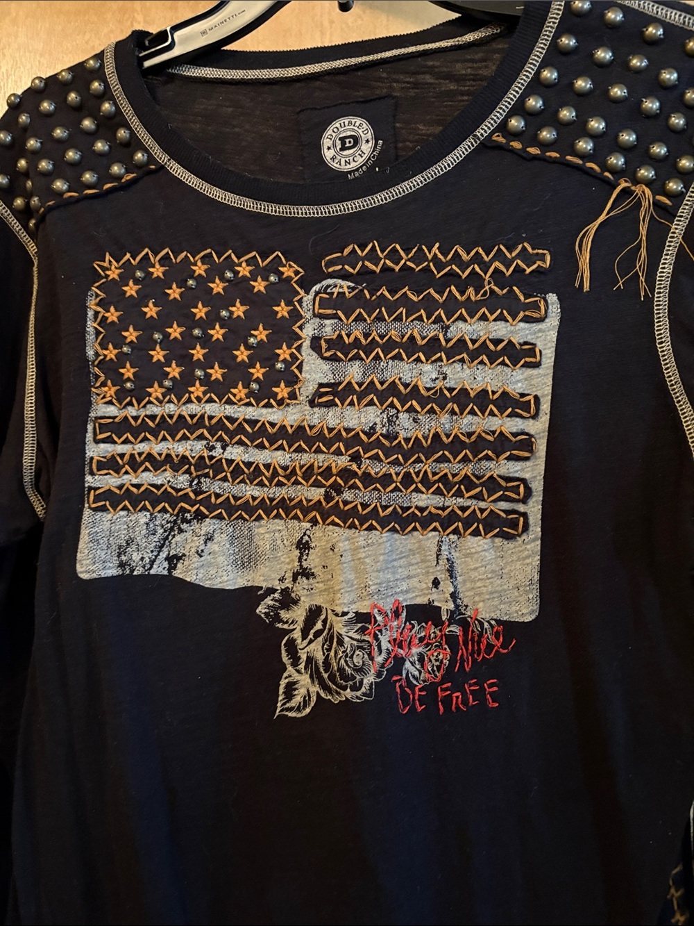 Double D Ranch United We Stand Black Long-Sleeve Tee with Distressed Flag/Studs - Picture 2 of 7